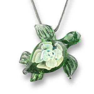 Turtle Glass Flower Pendant Large Blown Glass Necklace